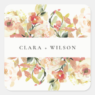 SUBTLE BLUSH PEACH PINK WATERVERF FLORAL WEDING VIERKANTE STICKER