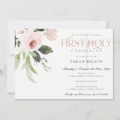 SUBTLE BLUSH PINK ROSE FLORA EERSTE HOLY COMMUNION KAART (Voorkant)
