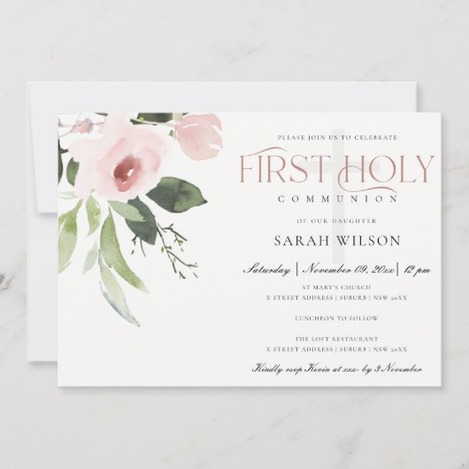 SUBTLE BLUSH PINK ROSE FLORA EERSTE HOLY COMMUNION KAART (Voorkant)