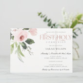 SUBTLE BLUSH PINK ROSE FLORA EERSTE HOLY COMMUNION KAART (Staand voorkant)