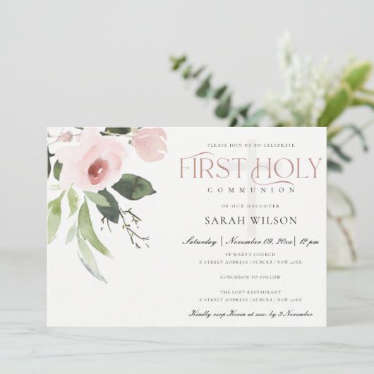 SUBTLE BLUSH PINK ROSE FLORA EERSTE HOLY COMMUNION KAART (Staand voorkant)