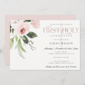 SUBTLE BLUSH PINK ROSE FLORA EERSTE HOLY COMMUNION KAART (Voorkant / Achterkant)