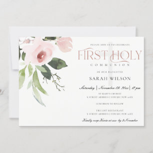 SUBTLE BLUSH PINK ROSE FLORA EERSTE HOLY COMMUNION KAART