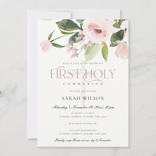 SUBTLE BLUSH PINK ROSE FLORA EERSTE HOLY COMMUNION KAART (Voorkant)