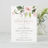 SUBTLE BLUSH PINK ROSE FLORA EERSTE HOLY COMMUNION KAART (Staand voorkant)