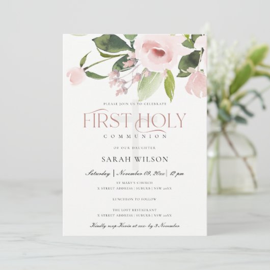 SUBTLE BLUSH PINK ROSE FLORA EERSTE HOLY COMMUNION KAART (Staand voorkant)