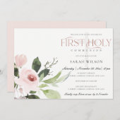 SUBTLE BLUSH PINK ROSE FLORA EERSTE HOLY COMMUNION KAART (Voorkant / Achterkant)