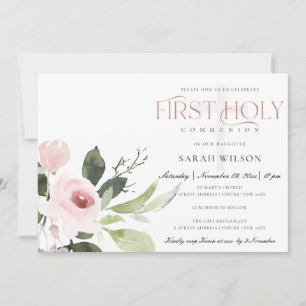 SUBTLE BLUSH PINK ROSE FLORA EERSTE HOLY COMMUNION KAART