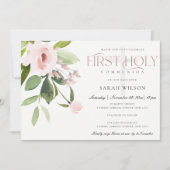 SUBTLE BLUSH PINK ROSE FLORA EERSTE HOLY COMMUNION KAART (Voorkant)
