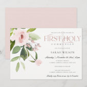 SUBTLE BLUSH PINK ROSE FLORA EERSTE HOLY COMMUNION KAART (Voorkant / Achterkant)
