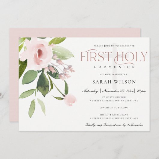 SUBTLE BLUSH PINK ROSE FLORA EERSTE HOLY COMMUNION KAART (Voorkant / Achterkant)