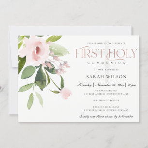 SUBTLE BLUSH PINK ROSE FLORA EERSTE HOLY COMMUNION KAART