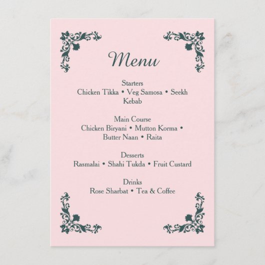 Subtle Blush & Slate Gray Floral Dinner Menu (Voorkant)