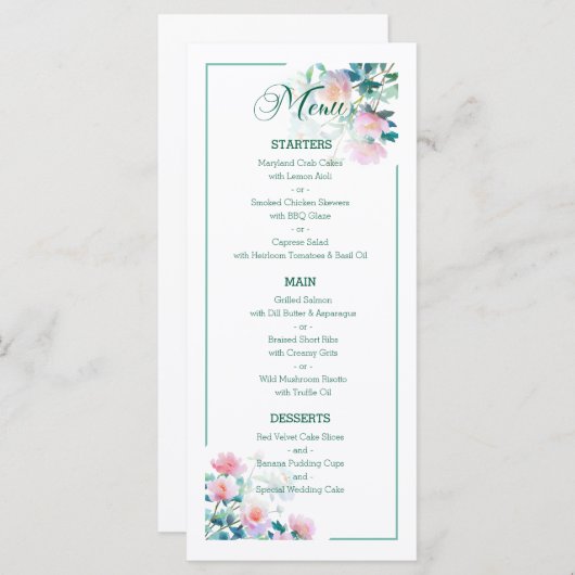 Subtle Botanical Blush Pink Peony Flowers Wedding Menu (Voorkant / Achterkant)