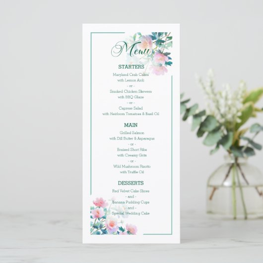 Subtle Botanical Blush Pink Peony Flowers Wedding Menu (Staand voorkant)