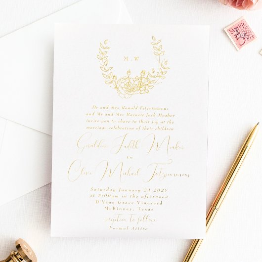 Subtle Classic Wreater Monogram Wedding Gold Folie Uitnodiging