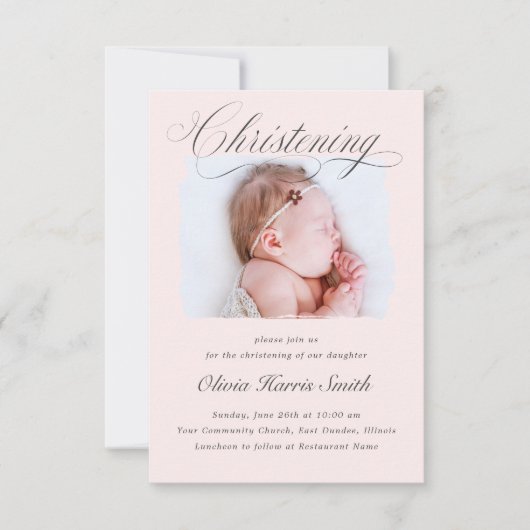 Subtle Cross Dusty Pink Script Christening Foto I Kaart (Voorkant)