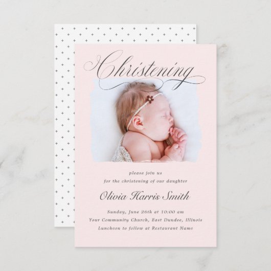 Subtle Cross Dusty Pink Script Christening Foto I Kaart (Voorkant / Achterkant)