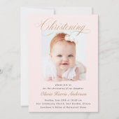 Subtle Cross Dusty Pink Script Christening Foto Kaart (Voorkant)