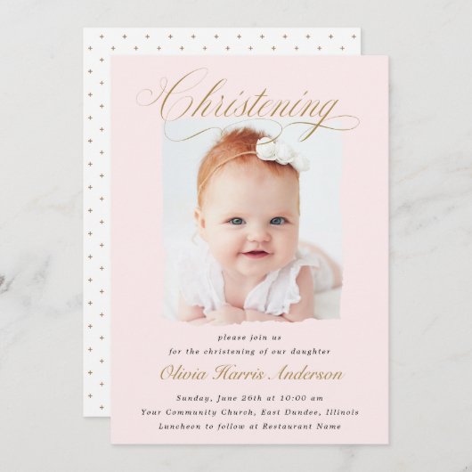 Subtle Cross Dusty Pink Script Christening Foto Kaart (Voorkant / Achterkant)