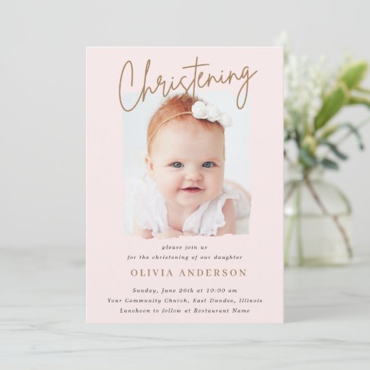 Subtle Cross-Handwriting Script Christening Foto Kaart (Staand voorkant)