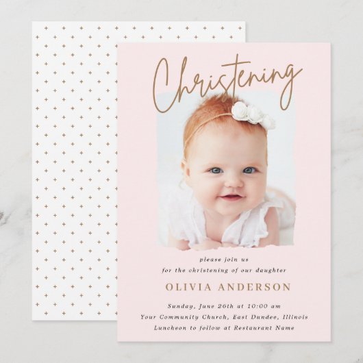 Subtle Cross-Handwriting Script Christening Foto Kaart (Voorkant / Achterkant)