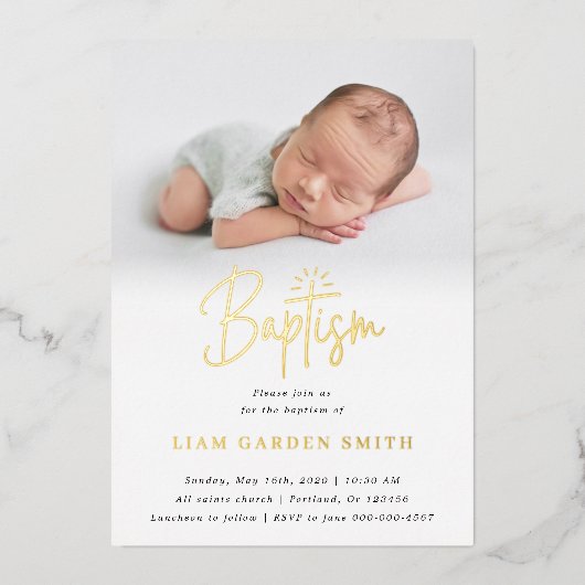 Subtle Cross One Photo Baptisme Gold Foil Invitati Folie Uitnodiging (Voorkant)