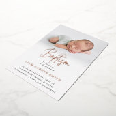 Subtle Cross One Photo Baptisme Roos Gold Folie Uitnodiging (Gedraaid)