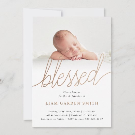 Subtle Cross Script Handwriting Christening Foto Kaart (Voorkant)