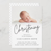 Subtle Cross Script Handwriting Christening Foto Kaart (Voorkant / Achterkant)
