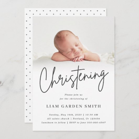 Subtle Cross Script Handwriting Christening Foto Kaart (Voorkant / Achterkant)
