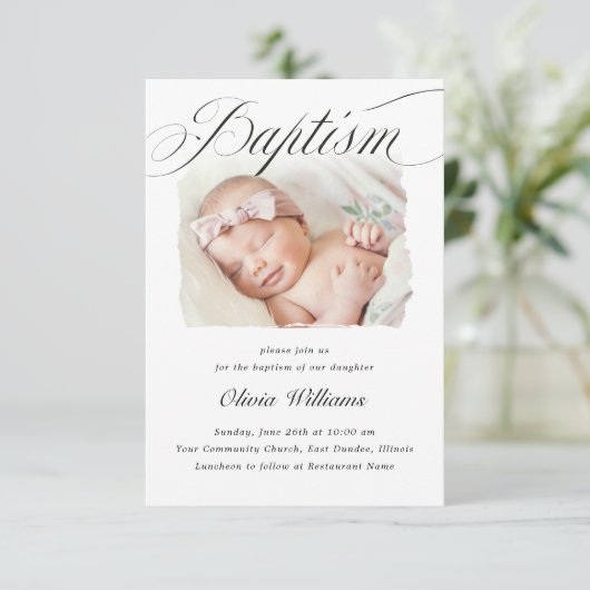 Subtle Cross Script Typo Christening Baptism Foto Kaart (Staand voorkant)