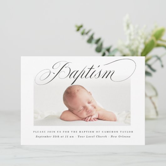 Subtle Cross Script Typo Christening Baptism Foto Kaart (Staand voorkant)