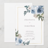Subtle Dusty Blue & Cream Floral Wedding Invitatio Kaart (Voorkant / Achterkant)