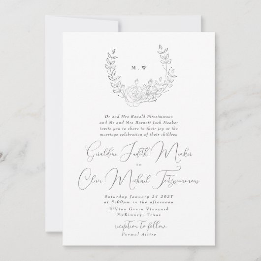 Subtle Elegance | Klassieke Wreath Monogram Wedden Kaart (Voorkant)