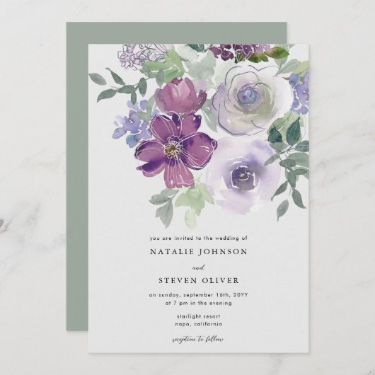 Subtle Elegant Waterverf Floral Wedding Kaart (Voorkant / Achterkant)