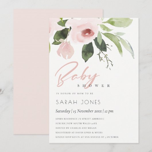 SUBTLE KLEURENWASSEN BLUSH PINK FLORAL BABY SHOWER KAART (Voorkant / Achterkant)