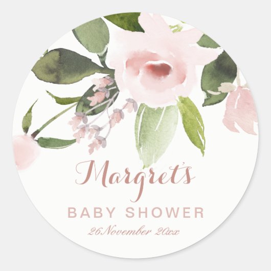 SUBTLE KLEURENWASSEN BLUSH PINK FLORAL BABY SHOWER RONDE STICKER (Voorkant)