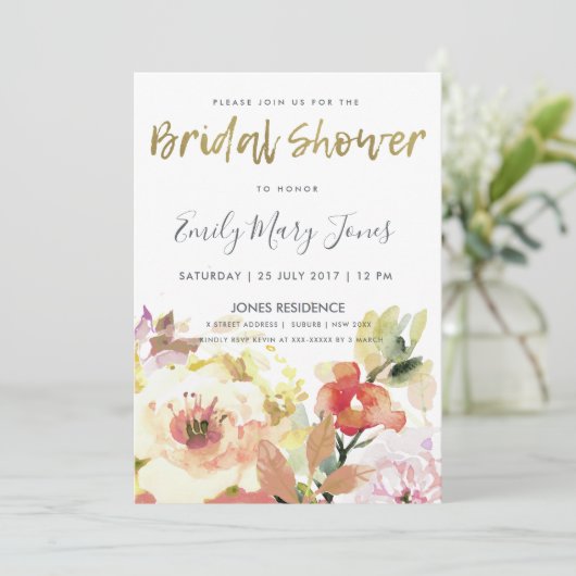 SUBTLE PEACH PINK WATERVERF FLORAL VRIJGEZELLENFEE KAART (Staand voorkant)