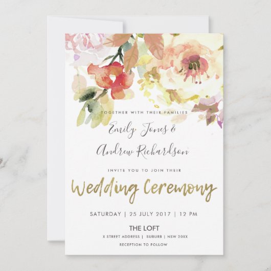 SUBTLE PEACH PINK WATERVERF FLORAL WEDING KAART (Voorkant)