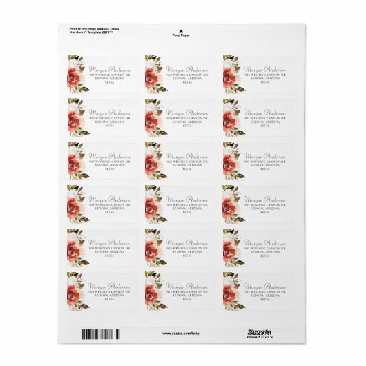 Subtle Red and White Waterverf Floral Etiket (Full Sheet)