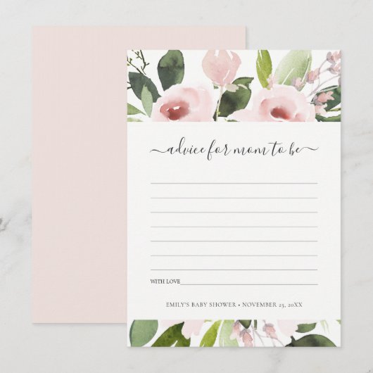 SUBTLE WASH BLUSH PINK FLORAL ADVICE BABY SHOWER INFORMATIEKAARTJE (Voorkant / Achterkant)