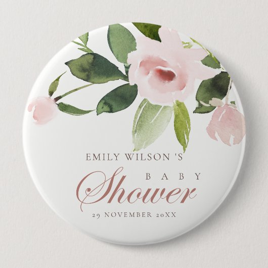 SUBTLE ZACHTE ZWART PINK ROSE FLORAL BABY SHOWER RONDE BUTTON 4,0 CM (Voorkant)