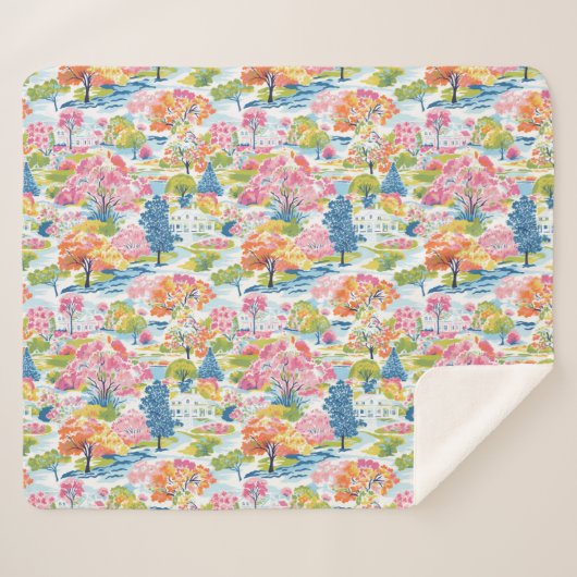 Suburban Toile Kleurrijke boom omzoomde dorpscène Sherpa Deken (Voorkant (horizontaal))