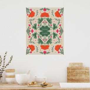 Succes met klaveren en bloemen poster