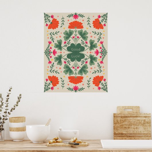 Succes met klaveren en bloemen poster (Keuken)