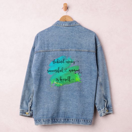 Succesvolle Vrouw Quote Script Turquoise Waterverf Denim Jacket (Hangar)