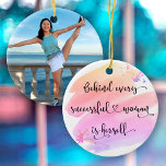 Succesvolle vrouw, roze Waterverf Typografie Foto Keramisch Ornament<br><div class="desc">"Achter elke succesvolle vrouw is zij." Wie heeft Prins Charming nodig? Maak je eigen "gelukkig ooit daarna" en omarm "meisjeskracht" wanneer je deze stijlvolle, kleurrijke inspirerend feministische foto-ornament ophangt met zoete zwarte handgeschreven scripttypografie die een gele, perzik, roze en paarse ombre waterverf splash en je speciale foto op de achterkant...</div>