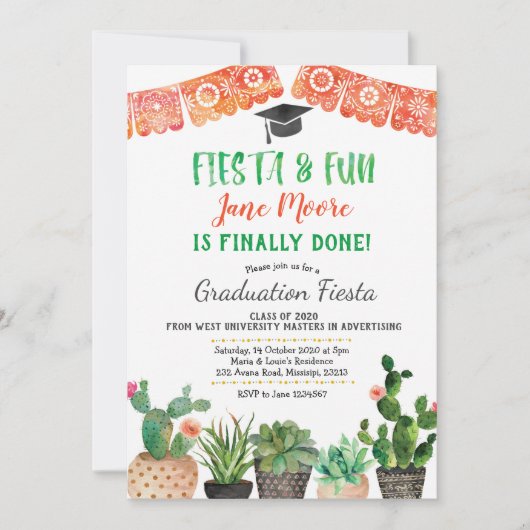 Succulent Afstuderen Fiesta Party Invitation Kaart (Voorkant)