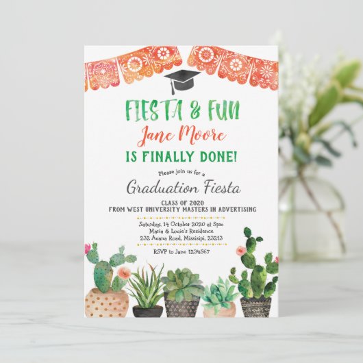 Succulent Afstuderen Fiesta Party Invitation Kaart (Staand voorkant)